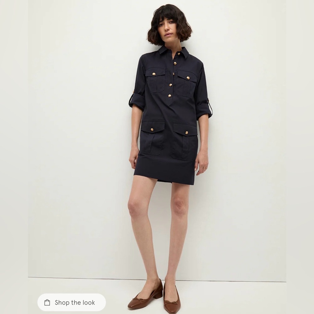 NWT Veronica Beard Saude Navy Cargo Shirt dress with Gold Accents
